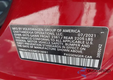 2021 Volkswagen Passat 2.0T S z USA, uszkodzony, nr VIN 1VWAA7A32MC016091